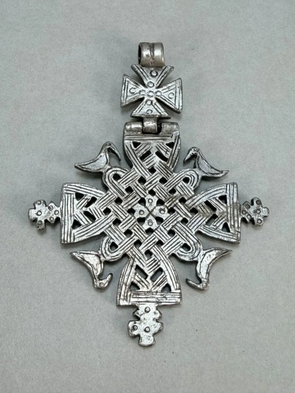 Vintage Alva Ethiopian Coptic Cross Pendant Silver Tone Signed Large